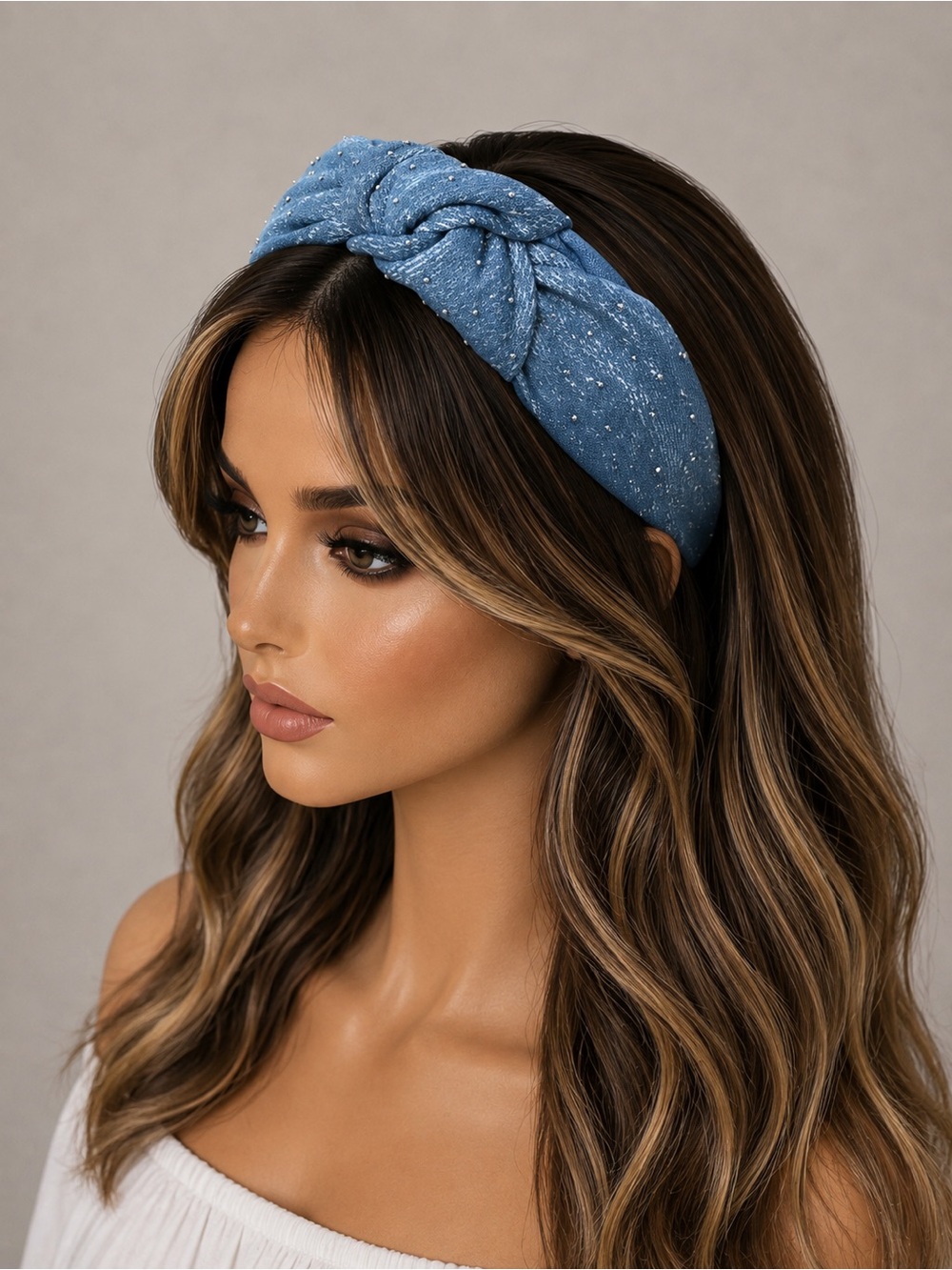Crystal Embellished Distressed Denim Headband